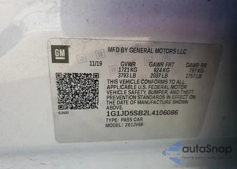 2020 Chevrolet Sonic Lt from USA, damaged, VIN 1G1JD5SB2L4106086